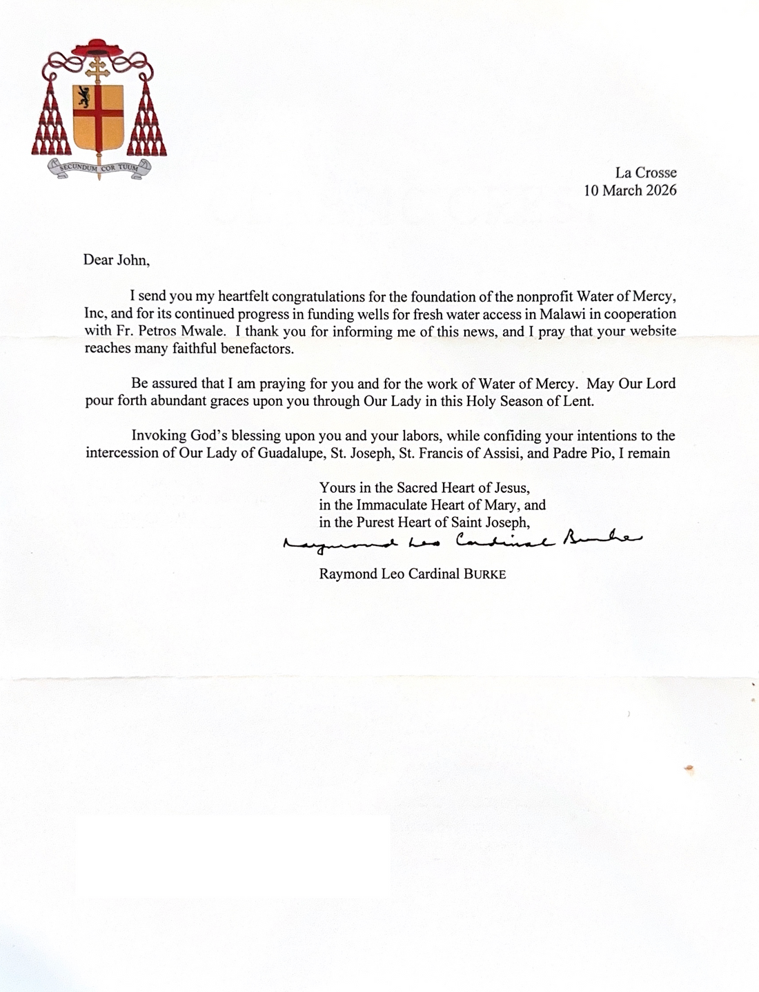 A Letter of Support from Cardinal Burke